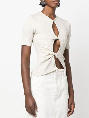 Christopher Esber Cream Cut-Out Ribbed Top shirt grey sand color Trendy unique